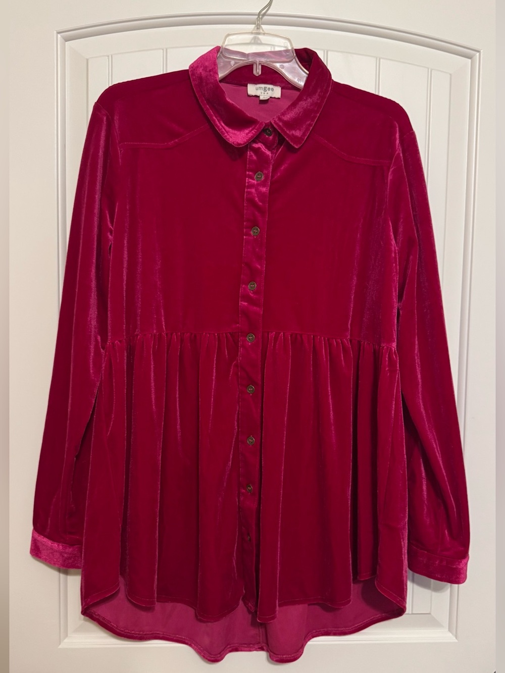 Umgee Velvet Button-Front Babydoll Tunic Top - Raspberry Pink Size Large EUC
